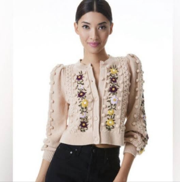 Alice + Olivia Kitty Puff Sleeve Cardigan In Almond, XS - Picture 2 of 11